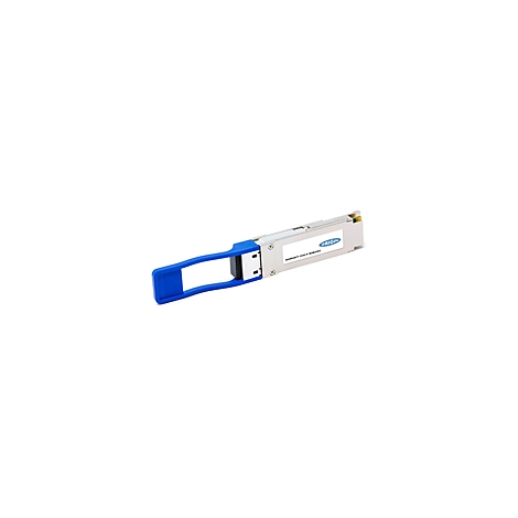 Ein silberner SFP Transceiver mit blauem Griff. Auf der Seite steht 'Warranty Void if Removed'.