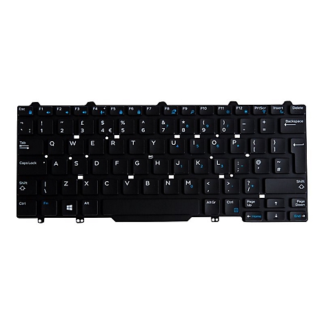 Schwarze Laptop-Tastatur mit weißen und blauen Buchstaben und Symbolen. Die Tasten sind beschriftet mit Buchstaben, Zahlen und Sonderzeichen.