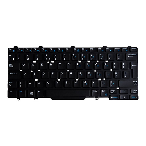 Schwarze Tastatur mit weißen und blauen Buchstaben. Tasten wie Esc, Tab, Shift, Ctrl und Funktionstasten sind beschriftet.