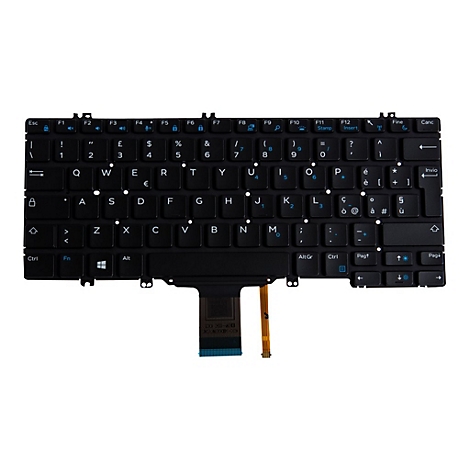 Schwarze Laptop Tastatur mit weißer Beschriftung und einem Kabelanschluss.