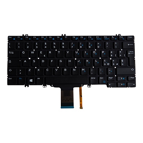 Schwarze Laptop-Tastatur auf weißem Hintergrund, Buchstaben in Blau, Detailaufnahme.