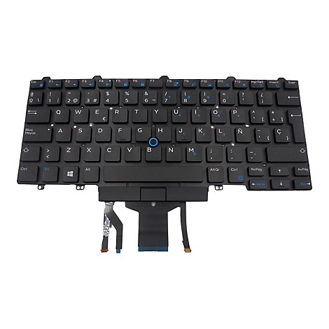 Schwarze Laptop-Tastatur, Draufsicht. Buchstaben und Sonderzeichen in Weiß, Funktionsbelegung in Blau. Kabelanschluss unten.