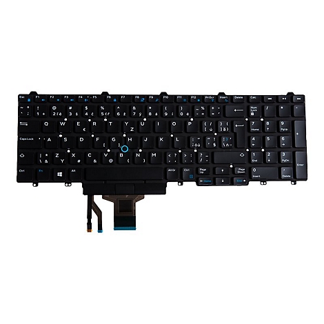 Schwarze Laptop-Tastatur auf weißem Hintergrund, Buchstaben und Sonderzeichen deutlich sichtbar.