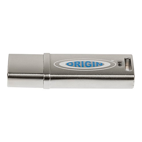 Silberner USB-Stick mit dem Schriftzug "ORIGIN" in Blau und Grau.