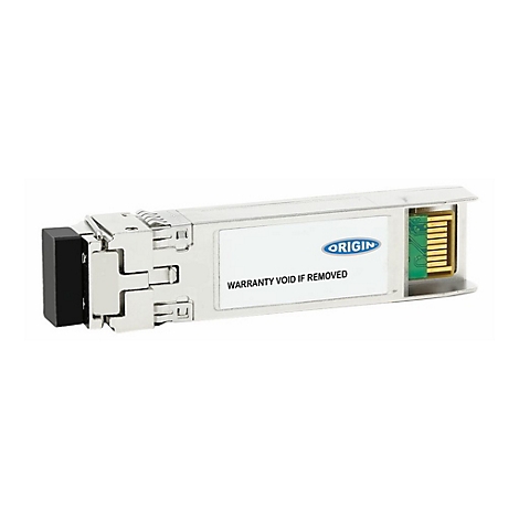 Ein silbernes Netzwerkmodul mit 'ORIGIN' und dem Schriftzug 'WARRANTY VOID IF REMOVED'.