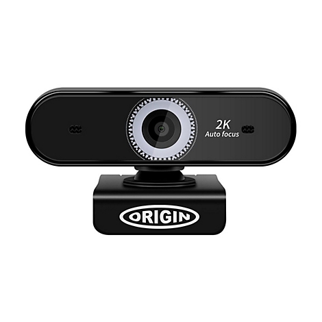 Schwarze Webcam mit Logo "Origin", 2K Auflösung und Autofokus. Auf weißem Hintergrund.