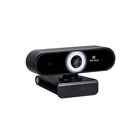 Eine schwarze Webcam mit 2K-Auflösung und Autofokus. Auf der Front steht 2K Auto focus.