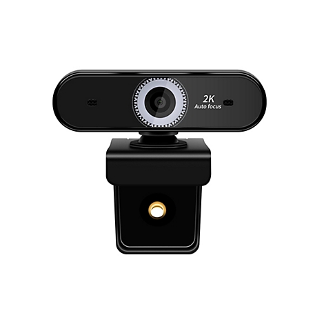 Schwarze Webcam mit 2K-Auflösung und Autofokus, vor weißem Hintergrund. Das Objektiv wird von einem kreisförmigen Rahmen umgeben.