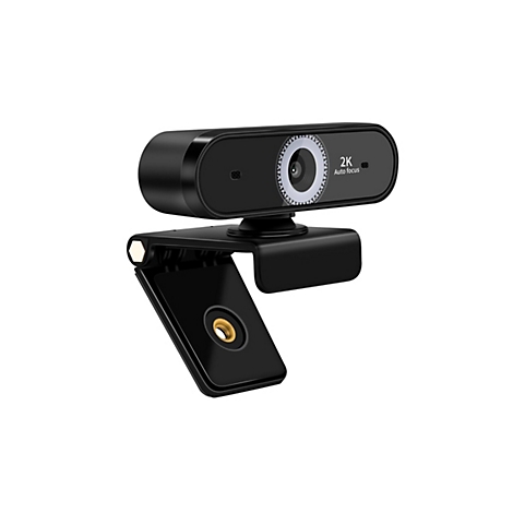 Schwarze Webcam, 2K-Auflösung, mit Autofokus, auf Halterung. Text: 2K, Autofokus.