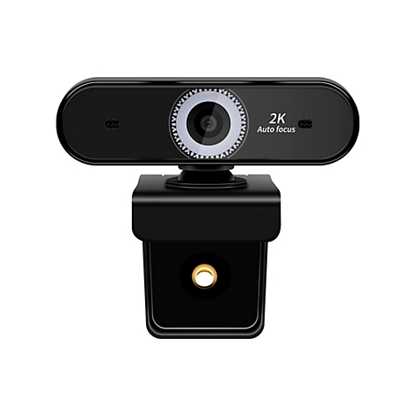 Schwarze Webcam, 2K Auflösung, Autofokus. Oben mittig das Objektiv. Unterhalb des Objektivs ist ein Schriftzug mit "2K Auto focus".