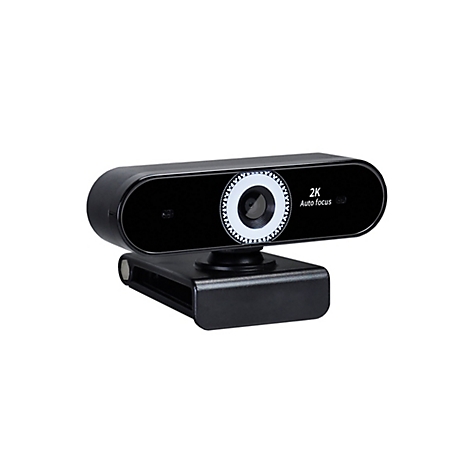 Schwarze Webcam mit 2K-Auflösung und Autofokus; vor weißem Hintergrund.