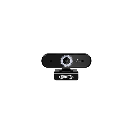 Schwarze Webcam mit 'ORIGIN'-Logo, 2K-Autofokus.