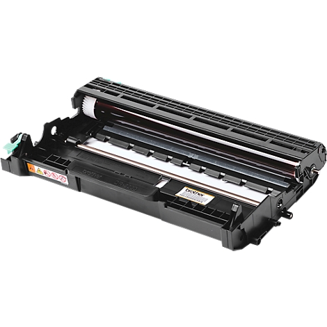 An open black drum printer toner cartridge replacement. With visible rollers and a Brother product designation.