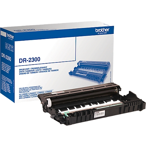 A printer drum unit, DR-2300, from Brother, in front of its packaging.