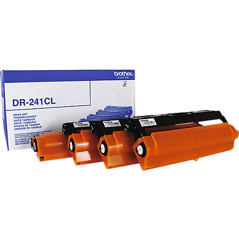 Photo of Brother DR-241CL drum unit and cartridges. The cartridges have an orange base.