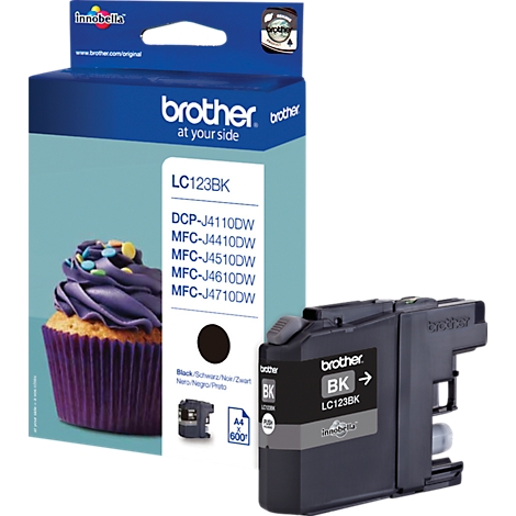 Brother LC123BK ink cartridge with packaging and cupcake decoration.