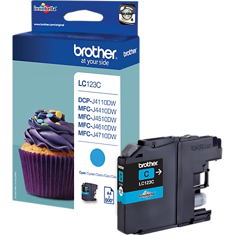 A blue Brother ink cartridge next to a box. The cartridge says: LC123C.
