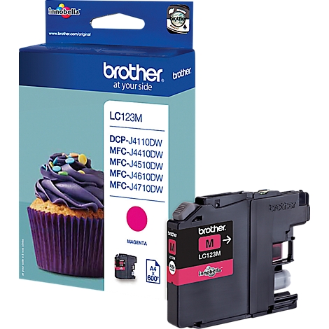 Magenta ink cartridge next to packaging with product name and a cupcake with purple cream.