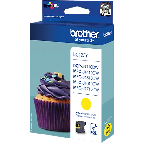 Brother LC123Y ink cartridge, pictured with cupcake. Prints: Yellow, DCP-J4110DW, MFC-J4410DW, MFC-J4510DW, MFC-J4610DW, MFC-J4710DW.