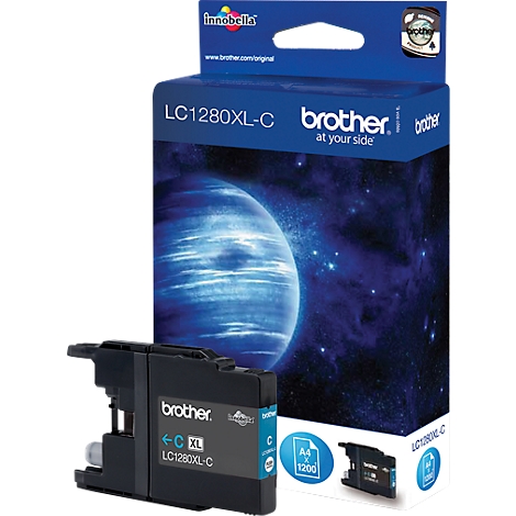 Black ink cartridge and cardboard box with "Brother" logo and product name. Blue background with planet.