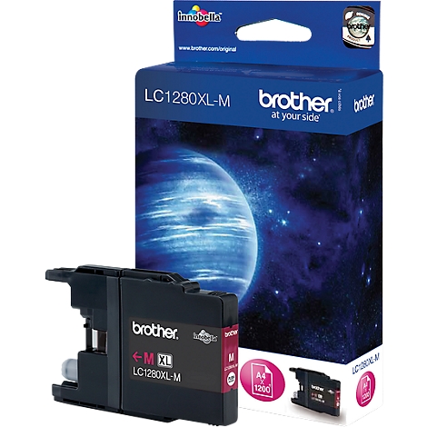 A black Brother ink cartridge labeled "M XL". Behind it, a blue package with logo and product name.