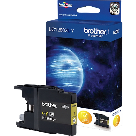 A Brother LC1280XL-Y ink cartridge and its packaging. The package shows the Brother logo, the words "LC1280XL-Y", and an image of a planet.