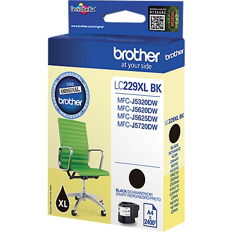 A Brother ink cartridge. It is black, with text and a green office chair on the packaging.