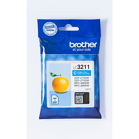 A Brother cyan ink cartridge. It shows an orange with a leaf. Text: LC3211, DCP-J772DW, A4, 200.