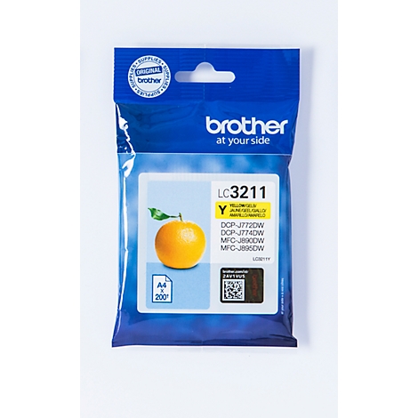 Yellow Brother ink cartridge with orange illustration and text. Inscription: LC3211, DCP-J772DW, DCP-J774DW, MFC-J890DW, MFC-J896DW.