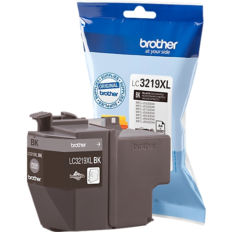 A black ink cartridge labeled LC3219XL BK with a package in the background.