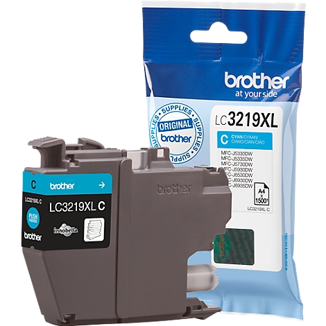 A Brother LC3219XL C ink cartridge and packaging. Text reads: 'LC3219XL C' and 'brother'.