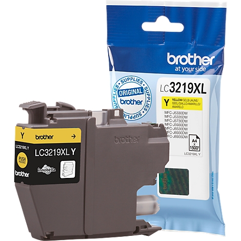Yellow Brother LC3219XL ink cartridge with packaging. Product names, a yellow label, and the Brother logo are printed on it.