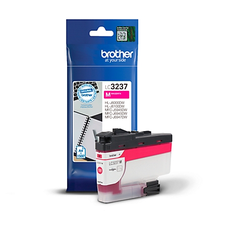 A Brother ink cartridge labeled LC3237 M, with A4 indication. The cartridge is pink and black.