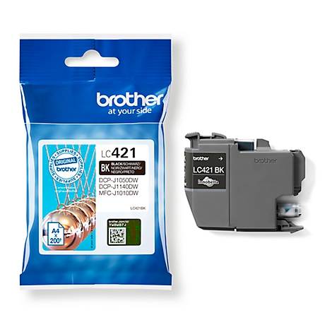 Black Brother LC421 ink cartridge and packaging on white background. The packaging says LC421 and Brother.