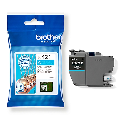 A blue ink cartridge bag and an ink cartridge. The bag says "brother", "LC421" and "Cyan". The cartridge says "LC421 C".