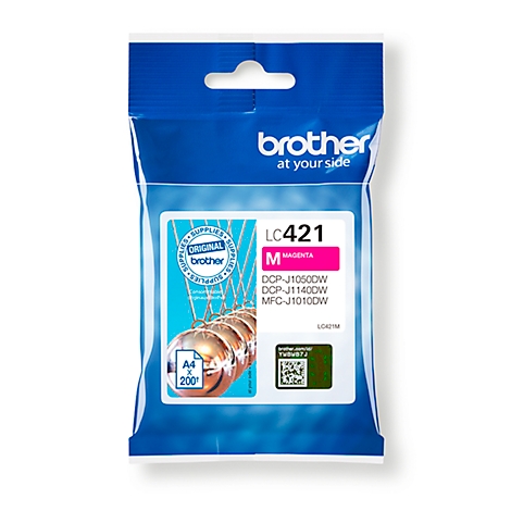 Brother LC421 magenta ink cartridge. Package with texts like "Original", "A4", "200" and product names.