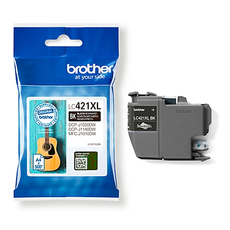 Black Brother ink cartridge, LC421XL BK. Packaging on the left with guitar, cartridge on the right.