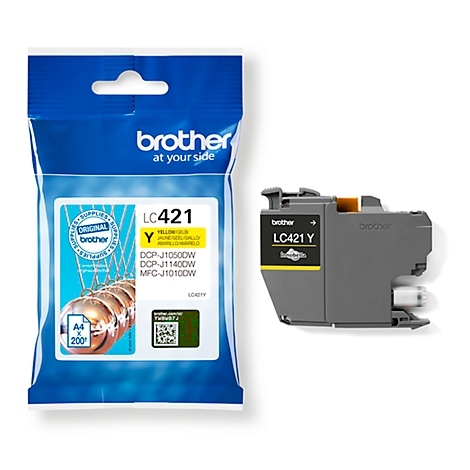 Yellow Brother ink cartridge LC421 Y, next to its packaging. Prints: LC421 Y, DCP-J1050DW, DCP-J1140DW, MFC-J1010DW.