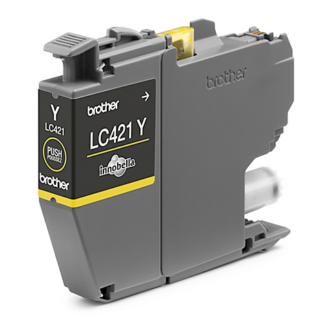 Yellow Brother LC421 Y ink cartridge, grey casing, with "PUSH" printed on it.