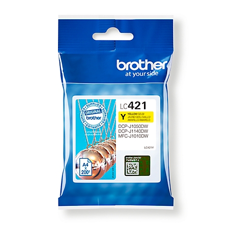 Yellow Brother LC421 ink cartridge. Features the 'Original brother' logo and product model information.