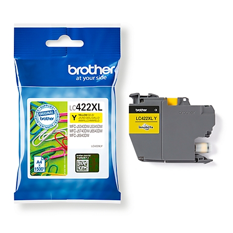 Yellow Brother ink cartridge LC422XL with packaging, white background. Left packaging with paper clips. Right cartridge.