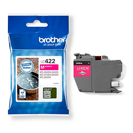 A Brother ink cartridge LC422 M Magenta next to the packaging. Product information and logos are printed on it.
