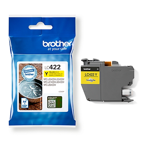 Yellow Brother ink cartridge and packaging, LC422. Inscription: Original Brother.