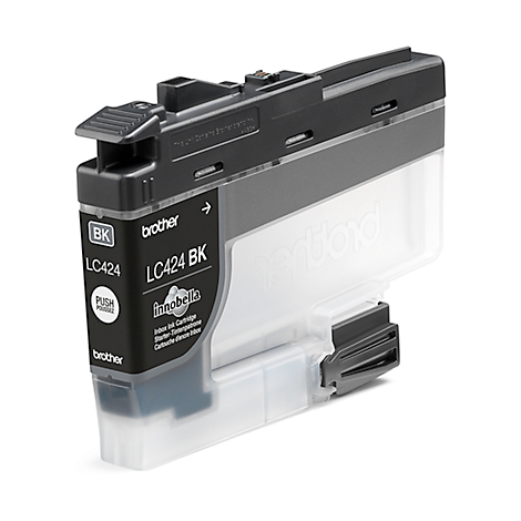 Black ink cartridge by Brother. Labelled LC424 BK, InnoBello, Push.