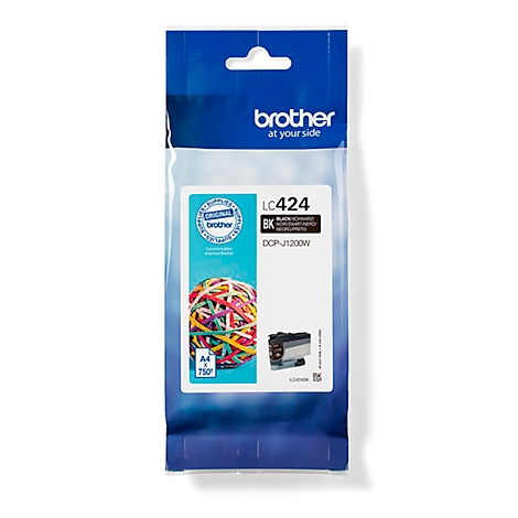 Packaging of a Brother LC424 BK ink cartridge. It contains an inkjet print head suitable for DCP-J1200W devices.