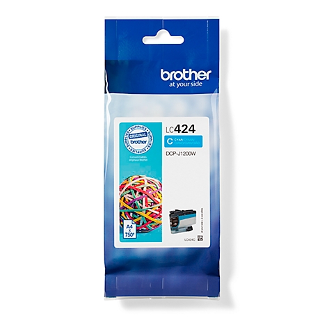 Brother LC424 cyan ink cartridge in transparent packaging with logo. Product image on a white background.