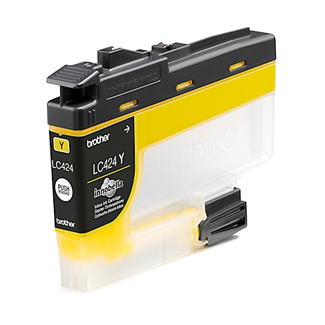 Yellow ink cartridge, Brother LC424Y. Black lid, transparent chamber. Inscription: LC424Y Innobella.