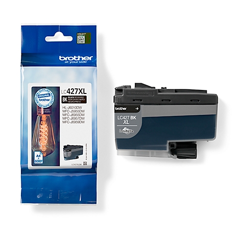 An ink cartridge and its packaging are shown against a white background. The lettering LC427XL from Brother can be read on the cartridge and the packaging.