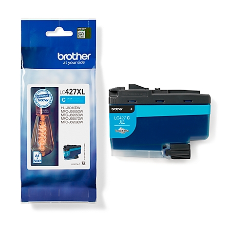 Blue and turquoise printer cartridge next to packaging. "brother" and "LC427XL" are written on the packaging. "LC427 C XL" is written on the cartridge.