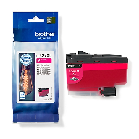 A magenta ink cartridge and packaging labeled 'Brother' and 'LC427XL'.